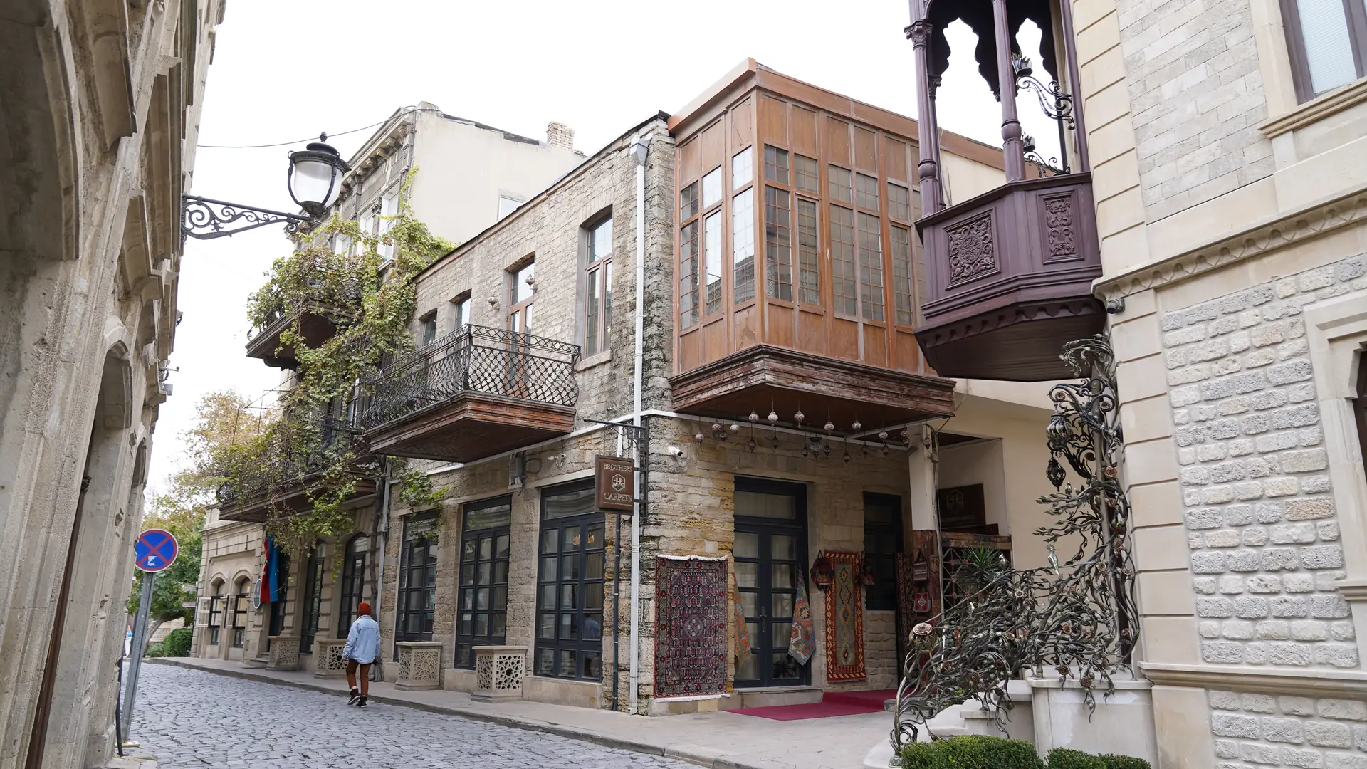 Traditional architecture and cobblestone street in the historic Old City of Baku, Azerbaijan