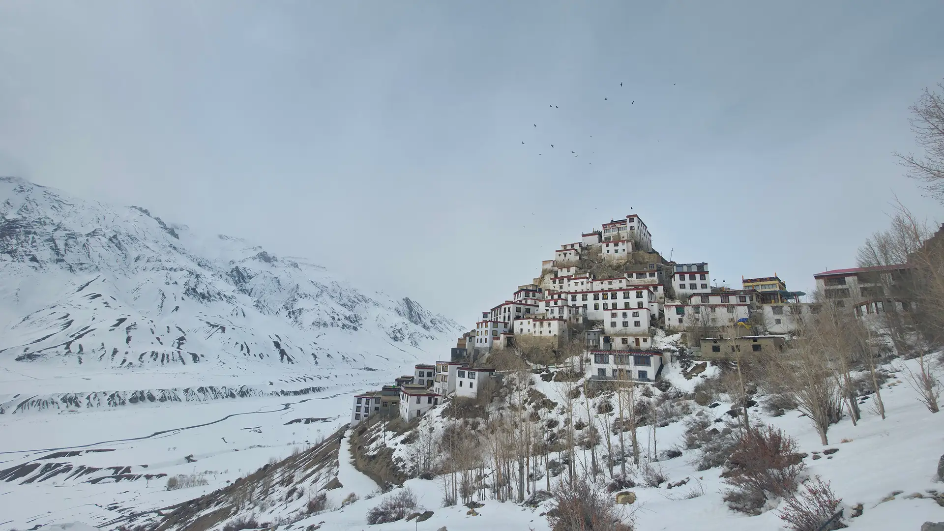 Stunning winter scene of Key Monastery surrounded by snow in Spiti Valley, Himachal Pradesh, India