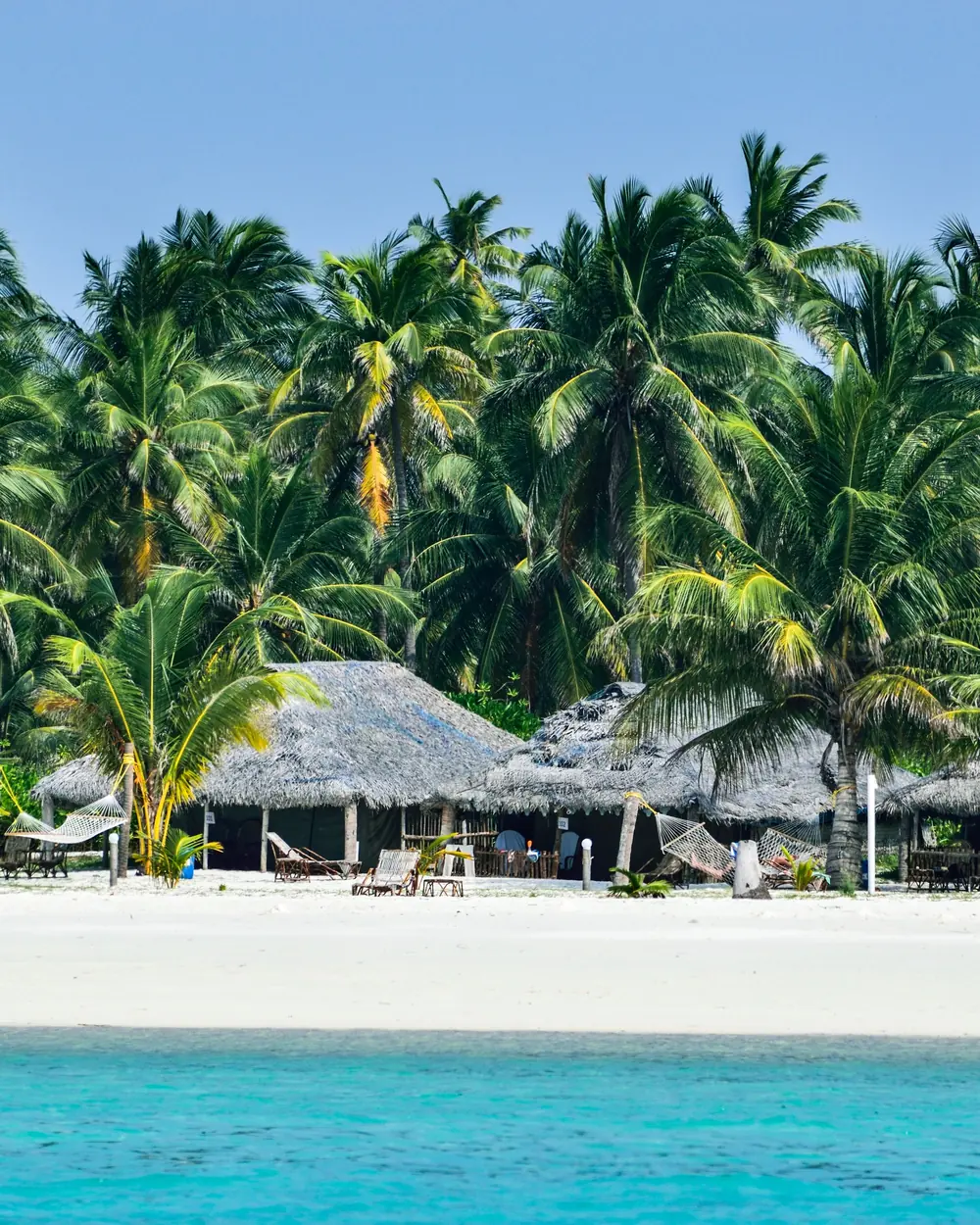 Idyllic beach scene with palm trees and huts on an Indian island shore