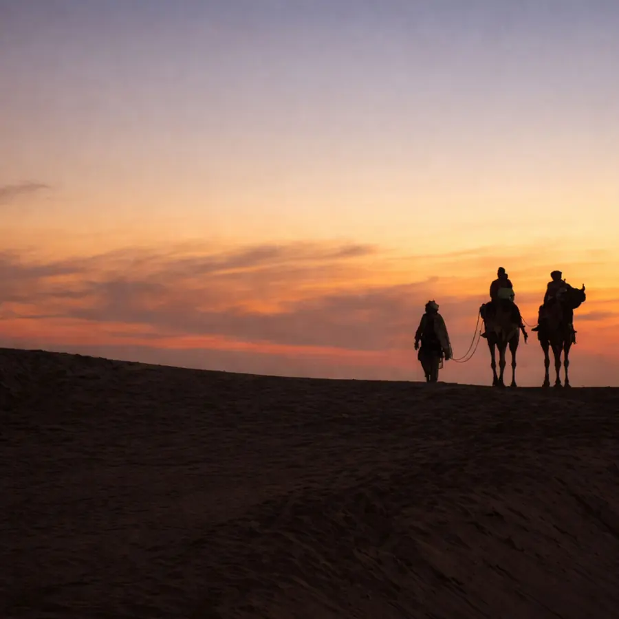 Silhouette of camels and riders during sunset in Sam, Rajasthan's Thar Desert